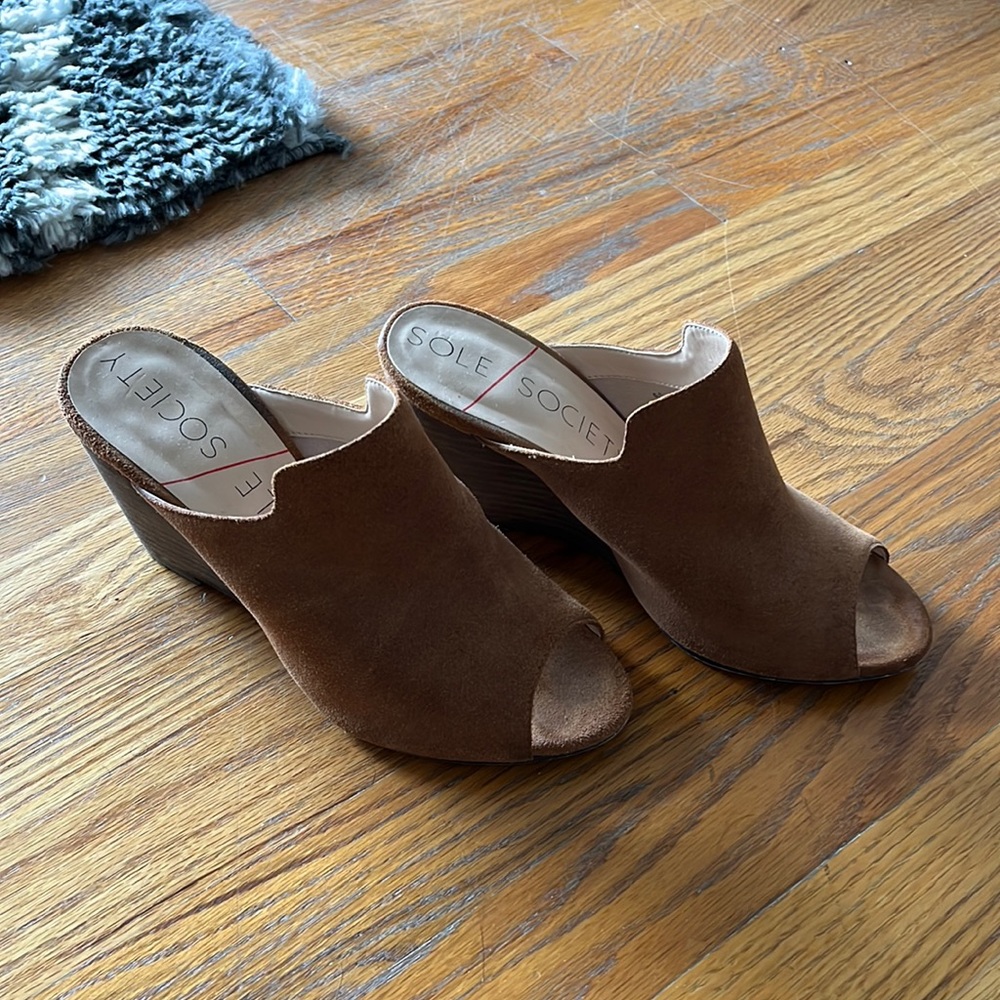Gorgeous suede peep toe mules